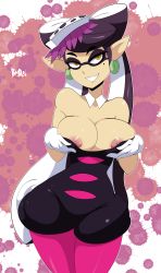 Rule 34 | + +, 1girl, bare shoulders, bigdead, black hair, breasts, callie (splatoon), cowboy shot, domino mask, earrings, gloves, grin, hair ornament, highres, jewelry, large breasts, long hair, mask, mole, mole under eye, multicolored background, multicolored hair, narrow waist, naughty face, nintendo, nipples, pantyhose, pink background, pink pantyhose, pointy ears, smile, solo, splatoon (series), strapless, tentacle hair, twintails, two-tone hair, white background, white gloves, white hair, yellow eyes