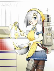 Rule 34 | 10s, 1girl, apron, bad id, bad pixiv id, baking, black pantyhose, blue eyes, blush, breasts, counter, cowboy shot, d:, dough, from side, hair ornament, hair over one eye, hairclip, hamakaze (kancolle), holding, indoors, kantai collection, kitchen, looking at viewer, looking to the side, mecha musume, microwave, miniskirt, mixing bowl, open mouth, pantyhose, pleated skirt, school uniform, serafuku, short hair, short sleeves, silver hair, sketch, skirt, solo, suke a kuro suke, thigh strap, tiles, whisk