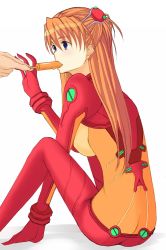 Rule 34 | 00s, 1girl, alternate breast size, arm support, ass, bad anatomy, bad id, bad pixiv id, blue eyes, bodysuit, bracer, breasts, butt crack, eating, artistic error, evangelion: 2.0 you can (not) advance, feeding, food, from side, gloves, hair between eyes, hair ornament, hairpods, hand up, highres, holding, interface headset, kamimiya, long hair, looking to the side, medium breasts, neon genesis evangelion, orange hair, pilot suit, plugsuit, poorly drawn, popsicle, rebuild of evangelion, red hair, see-through, sexually suggestive, simple background, sitting, solo focus, souryuu asuka langley, test plugsuit, turtleneck, two side up, white background