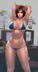 Rule 34 | 1girl, absurdres, armpits, arms behind head, arms up, bare arms, bare shoulders, bikini, blue bikini, breasts, brown eyes, brown hair, cirenk, cleavage, commentary, curvy, english commentary, highres, kazama asuka, large breasts, lips, looking at viewer, navel, nose, painting (medium), short hair, smile, solo, standing, stomach, swimsuit, tekken, thick thighs, thighs, traditional media, underboob, watercolor (medium)