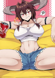 Rule 34 | 1girl, breasts, brown hair, cleavage, coca-cola, collarbone, crop top, demon girl, demon horns, denim, denim shorts, fire, hair intakes, highres, horns, large breasts, long hair, looking at viewer, navel, original, parted lips, red eyes, shimure (460), short shorts, shorts, sitting, solo, speech bubble, spread legs, teeth