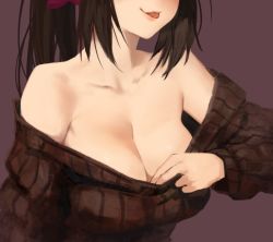 Rule 34 | 1girl, bare shoulders, blush, bow, breasts, breasts day, brown hair, brown sweater, cleavage, collarbone, dress, hair bow, head out of frame, large breasts, long hair, long sleeves, noccu, noihara himari, omamori himari, ponytail, red background, red bow, ribbed sweater, simple background, smile, solo, sweater, sweater dress, tongue, tongue out, upper body