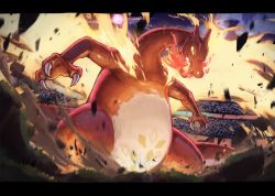 Rule 34 | breath weapon, breathing fire, charizard, claws, commentary request, creatures (company), dirt, fiery wings, fire, game freak, gen 1 pokemon, gigantamax, gigantamax charizard, grass, highres, horns, kuroi susumu, legs apart, letterboxed, nintendo, open mouth, pokemon, pokemon (creature), sharp teeth, stadium, standing, teeth, wings