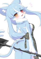 Rule 34 | 1boy, :3, ahoge, animal ear fluff, animal ears, apron, ass, back, back bow, blue hair, blunt bangs, blush, bow, camouflage apron, cat boy, cat ears, commentary request, cowboy shot, fang, furry, furry male, heterochromia, highres, holding, holding shovel, japan air self-defense force, japan air self-defense force omaezaki sub-base, japan self-defense force, long hair, looking at viewer, male focus, medium bangs, military, multicolored hair, naked apron, notice lines, omaneko, open mouth, ransusan, red eyes, shovel, sidelocks, simple background, smile, solo, streaked hair, trap, two-tone hair, white background, white hair, yellow eyes