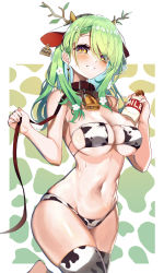 Rule 34 | 1girl, absurdres, animal ears, animal print, antlers, bell, bikini, bottle, branch, breasts, brown collar, ceres fauna, collar, cow ears, cow horns, cow print, cow print bikini, cowbell, ear tag, eyepatch bikini, green hair, grin, highres, hololive, hololive english, horns, large breasts, leaf, leash, long hair, milk bottle, navel, print bikini, print thighhighs, rpg (ram), smile, solo, stomach, swimsuit, thighhighs, thighs, virtual youtuber, yellow eyes