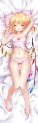 Rule 34 | armpits, bad id, bad twitter id, bare arms, bare legs, barefoot, bed sheet, blonde hair, camisole, dakimakura (medium), closed eyes, flandre scarlet, full body, highres, knees together feet apart, lying, navel, on back, panties, pillow, pink panties, pointy ears, shanghai bisu, side ponytail, sleeping, solo, stomach, touhou, underwear, underwear only, wings