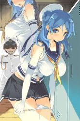 Rule 34 | 10s, 1boy, 1girl, admiral (kancolle), black skirt, blue eyes, blue hair, blush, breasts, brown hair, double bun, elbow gloves, faceless, faceless male, gloves, hair bun, hair over eyes, hat, kantai collection, large breasts, leaning forward, locker, long hair, looking at viewer, miniskirt, multiple views, neckerchief, panties, panty pull, pleated skirt, pulled by self, sailor collar, sailor hat, shimeji (4 me ji), skirt, sleeves rolled up, turning head, underwear, urakaze (kancolle), white gloves, white hat, white panties, yellow neckerchief