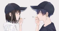 Rule 34 | 1boy, 1girl, barbell piercing, baseball cap, black eyes, black hair, black headwear, black jacket, blue eyes, blue hair, bob cut, casual, chain, cigarette, commentary request, couple, dark blue hair, drawstring, ear piercing, earrings, fingernails, from side, hat, highres, holding, holding cigarette, hood, hood down, hoodie, jacket, jewelry, looking at another, male focus, matching outfits, open clothes, open jacket, original, parted lips, piercing, portrait, profile, shirt, short hair, simple background, smoking, stud earrings, t-shirt, upper body, white hoodie, yuyu