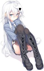 Rule 34 | 1girl, bad id, bad pixiv id, black footwear, black skirt, black thighhighs, blue eyes, blue sweater, blush, boots, borrowed character, character request, commentary request, cross-laced footwear, garter straps, hair between eyes, highres, hugging own legs, knee boots, lace-up boots, long hair, looking at viewer, mask, mask on head, original, otokuyou, panties, ribbed sweater, silver hair, sitting, skirt, skull mask, solo, sweater, thighhighs, thighhighs under boots, turtleneck, turtleneck sweater, underwear, very long hair, white background, white panties
