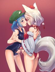 Rule 34 | 2futa, after kiss, alternate costume, animal ears, ass, bar censor, bare arms, bare shoulders, blue eyes, blue hair, blue one-piece swimsuit, blush, breasts, censored, collarbone, cosplay, cowboy shot, cum, cumdrip, detached sleeves, ejaculation, eye contact, eyebrows, futa with futa, futanari, green hat, hair bobbles, hair ornament, hakurei reimu (cosplay), hat, highres, holding hands, interlocked fingers, inubashiri momiji, kawashiro nitori, long sleeves, looking at another, medium breasts, multiple futa, old school swimsuit, one-piece swimsuit, penis, penises touching, profile, red eyes, red hat, red one-piece swimsuit, red ribbon, ribbon, ribbon-trimmed sleeves, ribbon trim, saliva, saliva trail, school swimsuit, shiya, short hair, silver hair, small breasts, standing, swimsuit, tail, thighs, tokin hat, touhou, wide sleeves, wolf ears, wolf tail