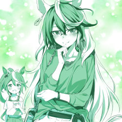 Rule 34 | 2girls, animal ears, belt, breasts, casual, closed mouth, commentary request, glasses, green theme, horse ears, horse girl, long hair, looking at another, looking at viewer, medium breasts, midriff, monochrome, multicolored hair, multiple girls, nakahira guy, ponytail, pun, saliva, shirt, simple background, smile, streaked hair, striped clothes, striped shirt, symboli rudolf (umamusume), tokai teio (umamusume), umamusume