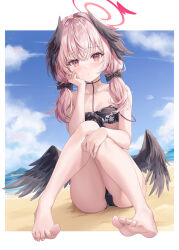 Rule 34 | 1girl, absurdres, bare arms, bare legs, bare shoulders, barefoot, bikini, black bikini, black wings, blue archive, blush, breasts, closed mouth, head wings, highres, koharu (blue archive), koharu (swimsuit) (blue archive), long hair, looking at viewer, low twintails, official alternate costume, pink eyes, pink hair, small breasts, solo, swimsuit, toes, twintails, wings, zi yue liuli