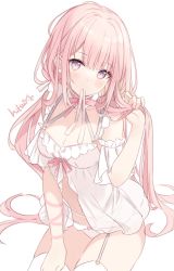 Rule 34 | 1girl, babydoll, bare shoulders, bow, bow panties, breasts, cleavage, commentary, english commentary, garter straps, hand up, head tilt, highres, hitsukuya, holding, holding hair, long hair, looking at viewer, low twintails, medium breasts, mouth hold, original, panties, pink eyes, pink hair, see-through, signature, simple background, solo, thighhighs, twintails, underwear, very long hair, white background, white panties, white thighhighs