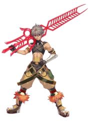 Rule 34 | 1boy, abs, armlet, armor, bandages, belt, boots, chain, claws, gloves, grey eyes, grey hair, hand on own hip, huge weapon, jewelry, male focus, midriff, multicolored hair, multiple belts, muscular, necklace, official art, over shoulder, project x zone, sarashi, sega, shining (series), shining force exa, shirt, short hair, shorts, sleeveless, sleeveless shirt, solo, streaked hair, sword, sword over shoulder, tan, toma (shining force exa), toned, tooth necklace, vambraces, weapon, weapon over shoulder
