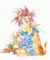 Rule 34 | 1boy, blue tunic, boots, bracer, brown footwear, cat, chrono trigger, closed mouth, crono (chrono trigger), full body, green eyes, green shirt, headband, highres, holding, holding plant, male focus, neckerchief, pants, petting, plant, red hair, shirt, short hair, short sleeves, sitting, smile, spiked hair, traditional media, twitter username, white background, white headband, white pants, yellow neckerchief, yui norimaki