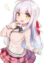 Rule 34 | !, 10s, 1girl, ahoge, blush, breasts, cardigan, chikuwa., cross hair ornament, gabriel dropout, hair ornament, long hair, open mouth, pointing, pointing at self, school uniform, raphiel shiraha ainsworth, silver hair, skirt, smile, solo, sparkling eyes, yellow eyes