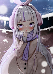Rule 34 | 1girl, absurdres, blush, breath, brown coat, coat, commentary request, earmuffs, fringe trim, hair ribbon, hand up, highres, jiu (sdesd3205), long hair, long sleeves, multicolored hair, original, pink ribbon, purple eyes, purple scarf, ribbon, scarf, sleeves past wrists, snow, snowing, solo, streaked hair, v-shaped eyebrows, very long hair, water, white hair