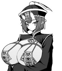 Rule 34 | 1girl, absurdres, bob cut, breasts, chinese clothes, closed mouth, commentary, earrings, empty eyes, greyscale, halftone, hat, highres, horns, huge breasts, jewelry, jiangshi, long sleeves, looking at viewer, monochrome, ofuda, ofuda on nipples, original, pasties, pointy ears, qingdai guanmao, revealing clothes, short hair, shrug (clothing), simple background, skin-covered horns, solo, tassel, tassel earrings, tsurime, upper body, yones81239278