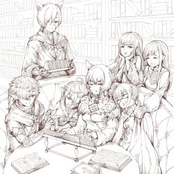 Rule 34 | absurdres, ahoge, alisaie leveilleur, alphinaud leveilleur, animal ears, bare shoulders, blanket, book, book stack, book stand, bookshelf, bow, braid, breasts, cat ears, choker, cleavage, cleavage cutout, closed eyes, closed mouth, clothing cutout, collarbone, couch, drooling, earrings, elbow gloves, facial mark, feather earrings, feathers, final fantasy, final fantasy xiv, fingerless gloves, food, fur trim, g&#039;raha tia, gaia (ff14), glasses, gloves, hair between eyes, hair bow, hair over one eye, hand on own cheek, hand on own face, hatching (texture), head rest, highres, hjz (artemi), holding, holding plate, holding tray, hyur, indoors, jewelry, leaning on person, long hair, long sleeves, looking at another, medium hair, miqo&#039;te, one eye closed, open book, open mouth, pinky ring, plate, pointy ears, puffy sleeves, ring, ryne waters, saliva, sandwich, scarf, sitting, sleeping, sleeping on person, sleeves past wrists, smile, sweat, table, tray, whisker markings, wide sleeves, y&#039;shtola rhul
