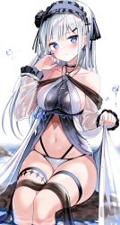 Rule 34 | + +, 1girl, absurdres, bare shoulders, bikini, bikini bottom only, blue eyes, breasts, center opening, detached sleeves, hair ornament, hairclip, headdress, highres, jewelry, kurotobi rarumu, large breasts, long hair, long sleeves, looking at viewer, multi-strapped bikini, navel, necklace, original, revealing clothes, see-through, see-through sleeves, sideboob, simple background, sitting, skindentation, solo, stomach, string bikini, swimsuit, symbol-shaped pupils, thigh strap, thighs, white background, white hair