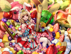 Rule 34 | 1girl, alternate costume, animal ears, blunt bangs, breasts, cake, carrot (one piece), cleavage, commission, dress, food, fruit, furry, furry female, gloves, highres, holding, holding spoon, looking at viewer, medium breasts, one piece, pantyhose, pink gloves, rabbit ears, rabbit girl, red dress, red eyes, sammi hisame, smile, solo, spoon, strawberry, white pantyhose
