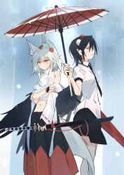 Rule 34 | 2girls, animal ears, arm under breasts, bare shoulders, black hair, breasts, commentary request, crying, crying with eyes open, detached sleeves, feathered wings, from side, hat, highres, holding, holding umbrella, inubashiri momiji, kakaricho dairi, long sleeves, medium hair, multiple girls, oil-paper umbrella, pointy ears, pom pom (clothes), profile, rain, shameimaru aya, shared umbrella, small breasts, tears, tokin hat, touhou, umbrella, white hair, wings, wolf ears
