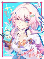 Rule 34 | 1girl, ;p, absurdres, archery shooting glove, black choker, black gloves, blue eyes, blue jacket, buttons, choker, earrings, english text, food, gloves, hair ornament, hairclip, hand on own chin, heart, highres, holding, holding food, holding ice cream, honkai: star rail, honkai (series), ice cream, ice cream cone, jacket, jewelry, long sleeves, looking at viewer, march 7th (honkai: star rail), multicolored clothes, multicolored jacket, nail polish, one eye closed, partially fingerless gloves, pink eyes, pink hair, pom-pom (honkai: star rail), shirt, single glove, tied jacket, tongue, tongue out, two-tone eyes, upper body, white shirt, wristband, xuto
