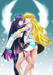 Rule 34 | 10s, 2girls, back lace, blonde hair, blue eyes, highres, multicolored hair, multiple girls, no panties, nostra, panty &amp; stocking with garterbelt, panty (psg), plaid, plaid skirt, school uniform, siblings, sisters, skirt, stocking (psg), striped clothes, striped thighhighs, stripes i &amp; ii, sword, thighhighs, two-tone hair, weapon