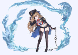 Rule 34 | 1girl, absurdres, arm up, black footwear, black gloves, black hat, black jacket, black shorts, black thighhighs, blue background, blue bow, blue eyes, bow, breasts, brown dust 2, brown hair, butterfly eyepatch, check copyright, cleavage, closed mouth, copyright request, eyepatch, fingerless gloves, full body, gloves, hair bow, hat, highres, holding, holding weapon, ice, jacket, juliet sleeves, leotard, long sleeves, medium breasts, mosta (lo1777789), open clothes, open jacket, peaked cap, puffy sleeves, shoes, short shorts, shorts, simple background, smile, solo, standing, thighhighs, weapon, weapon request, white leotard
