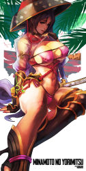 Rule 34 | 1girl, abs, absurdres, armor, artist name, asymmetrical legwear, bikini, bracer, breasts, character name, choker, cleavage, clothes lift, commentary, copyright name, covered erect nipples, english commentary, eyelashes, eyepatch bikini, fate/grand order, fate (series), fingerless gloves, gloves, greaves, hat, highres, large breasts, lips, long hair, looking at viewer, minamoto no raikou (fate), minamoto no raikou (fate/grand order), minamoto no raikou (swimsuit lancer) (fate), minamoto no raikou (swimsuit lancer) (first ascension) (fate), mismatched legwear, monori rogue, navel, nose, palm leaf, parted bangs, purple bikini, purple eyes, purple hair, rope, see-through, shrug (clothing), side-tie bikini bottom, sitting, solo, swimsuit, sword hilt, thick thighs, thighs, toned, underboob, very long hair