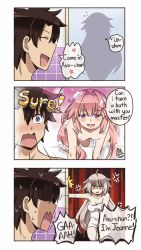 Rule 34 | 1girl, 2boys, anger vein, astolfo (fate), black hair, blue eyes, breasts, cleavage, comic, commentary request, english text, fate/grand order, fate (series), fujimaru ritsuka (male), highres, jeanne d&#039;arc (fate), jeanne d&#039;arc alter (avenger) (fate), jeanne d&#039;arc alter (fate), long hair, maroonabyss, medium breasts, multiple boys, naked towel, nude, pink hair, purple eyes, soap, towel, very long hair, yellow eyes