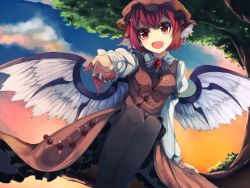 Rule 34 | 1girl, animal ears, bad id, bad pixiv id, bird wings, dress, dutch angle, earrings, fang, fingernails, hat, head tilt, highres, in tree, jewelry, long fingernails, long sleeves, looking at viewer, mob cap, mystia lorelei, nail polish, open mouth, outstretched arm, pantyhose, pink hair, puffy sleeves, red eyes, short hair, single earring, sitting, sitting in tree, sky, smile, solo, suminagashi, touhou, tree, wings