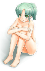 Rule 34 | 1girl, :&lt;, barefoot, breasts, cleavage, frown, full body, green eyes, green hair, hugging own legs, irudana, matching hair/eyes, nude, short hair, simple background, sitting, sketch, solo, white background