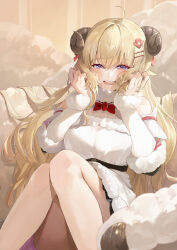 Rule 34 | 1girl, absurdres, ahoge, animal ears, blonde hair, breasts, bunching hair, commentary, detached sleeves, dress, empire waist, enokinoko1010, feet out of frame, fur-trimmed dress, fur trim, hair ornament, hairclip, highres, holding, holding own hair, hololive, horns, long hair, looking at viewer, medium breasts, open mouth, purple eyes, sheep ears, sheep girl, sheep horns, sitting, sleeveless, sleeveless dress, smile, solo, tsunomaki watame, tsunomaki watame (1st costume), underbust, very long hair, virtual youtuber, white dress