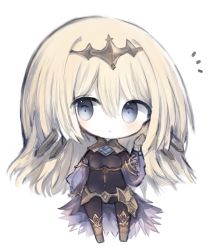 Rule 34 | 1girl, bad id, bad pixiv id, black bodysuit, blonde hair, blue eyes, blue sleeves, blush, bodysuit, breasts, brown gloves, character request, chibi, closed mouth, commentary, cottontailtokki, detached sleeves, full body, gloves, hair between eyes, hair ornament, hand up, headpiece, long hair, long sleeves, looking at viewer, notice lines, puffy long sleeves, puffy sleeves, see-through, see-through sleeves, shadowverse, simple background, small breasts, solo, standing, very long hair, white background