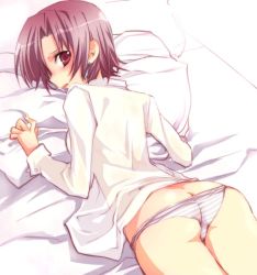Rule 34 | 00s, 1girl, ass, bazett fraga mcremitz, bed, butt crack, dress shirt, earrings, fate/hollow ataraxia, fate/stay night, fate (series), jewelry, looking back, mofmof (sousa), panties, pillow, red hair, shirt, short hair, solo, striped clothes, striped panties, underwear