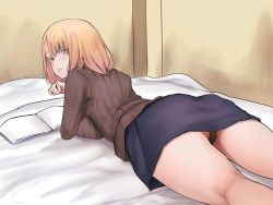 Rule 34 | 1girl, ass, bed, blonde hair, blush, book, breasts, brown sweater, female focus, from behind, green eyes, groin, highres, indoors, large breasts, legs, light blush, light smile, looking at viewer, looking back, lying, medium hair, on bed, on stomach, original, panties, pantyshot, parted lips, pillow, ribbed sweater, sex wa saikou desho?, skirt, smile, solo, sweater, thighs, underwear, upskirt, yarebadekiruko