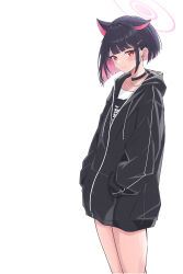 1girl absurdres animal_ears black_choker black_hoodie blue_archive cat_choker cat_ears choker collarbone colored_inner_animal_ears colored_inner_hair extra_ears halo highres hood hoodie kazusa_(band)_(blue_archive) kazusa_(blue_archive) leaf_lime multicolored_hair pink_halo print_shirt shirt solo two-tone_hair