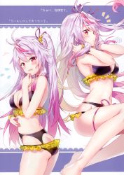 Rule 34 | 1girl, absurdres, alternate costume, antenna hair, armpits, ass, azur lane, bare arms, bare shoulders, barefoot, bikini, black bikini, blush, breasts, butt crack, choker, cleavage, cowboy shot, floating hair, frilled bikini, frills, from side, grenville (azur lane), hair ornament, hand up, hands up, highres, large breasts, long hair, looking at viewer, looking to the side, multicolored hair, multiple views, navel, notice lines, one side up, open mouth, pink hair, red eyes, riichu, scan, silver hair, swimsuit, thighs, two-tone hair, wrist cuffs