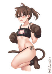Rule 34 | 1girl, animal ears, animal hands, bare shoulders, black panties, blush, breasts, brown eyes, brown hair, cat cutout, cat ears, cat tail, clothing cutout, collarbone, ebifurya, fang, gloves, hair between eyes, highres, kantai collection, long hair, looking at viewer, navel, one-hour drawing challenge, open mouth, panties, paw gloves, paw shoes, ponytail, shikinami (kancolle), side-tie panties, simple background, small breasts, tail, twitter username, underwear, white background