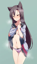 Rule 34 | 1girl, animal ears, black hair, blue background, blush, breasts, closed mouth, clothes lift, collarbone, cowboy shot, dress, dress lift, female pubic hair, imaizumi kagerou, jeno, lifting own clothes, long hair, long sleeves, medium breasts, navel, no bra, nose blush, panties, pink panties, pubic hair, pubic hair peek, red eyes, simple background, solo, stomach, touhou, underwear, very long hair, wide sleeves, wolf ears