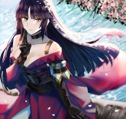 Rule 34 | 1girl, black hair, breasts, cherry blossoms, choker, cleavage, fate/grand order, fate (series), highres, japanese clothes, katou danzou (fate), kuji-in, large breasts, long hair, nicky w, solo, symbol-shaped pupils, yellow eyes