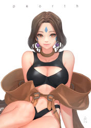Rule 34 | 1girl, aa megami-sama, absurdres, bare shoulders, bracelet, breasts, brown eyes, brown hair, character name, cherrylich, cleavage, daeho cha, earrings, facial mark, fingerless gloves, forehead mark, gloves, highres, jewelry, large breasts, long hair, looking at viewer, navel, peorth (aa megami-sama), ponytail, simple background, sitting, smile, solo, swimsuit, very long hair
