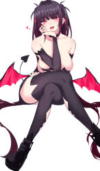 Rule 34 | 1girl, :d, absurdres, bare shoulders, black choker, black footwear, black hair, black sleeves, black thighhighs, breasts, choker, collarbone, crossed legs, demon girl, demon tail, demon wings, detached sleeves, elbow rest, fang, hair intakes, hair ribbon, hand on own leg, head rest, head tilt, heart, highres, ichiki 1, large breasts, long hair, long sleeves, looking at viewer, open mouth, original, red eyes, red ribbon, revealing clothes, ribbon, shoes, simple background, sitting, smile, solo, tail, thighhighs, twintails, very long hair, white background, wings