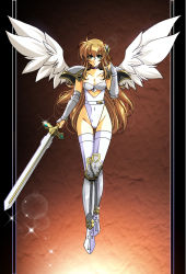 Rule 34 | 1girl, angel, angel wings, armor, black border, blue eyes, border, breasts, brown hair, choker, cleavage, closed mouth, collarbone, commission, covered navel, feathered wings, female focus, frown, full body, gluteal fold, groin, highleg, highleg leotard, hikaru (mikan0407), holding, holding sword, holding weapon, langrisser, lens flare, leotard, long hair, looking at viewer, medium breasts, pillarboxed, pixiv commission, purple choker, shoulder armor, solo, sparkle, straight hair, strapless, strapless leotard, sword, thigh gap, thighhighs, v-shaped eyebrows, very long hair, weapon, white leotard, white thighhighs, white wings, wings