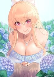 Rule 34 | 1girl, akano yomi, bare shoulders, blonde hair, blush, bow, breasts, cleavage, flower, frills, granblue fantasy, hair bow, hair ornament, highres, hydrangea, jewelry, large breasts, long hair, looking at viewer, necklace, ponytail, rain, red eyes, ribbon, ring, smile, solo, vira (granblue fantasy), white bow