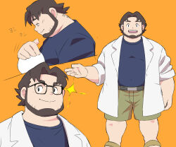 Rule 34 | 1boy, affectionate, bara, beard, belly, bespectacled, birch (pokemon), brown hair, collage, commentary request, covered navel, creatures (company), expressions, face to pecs, facial hair, fat, fat man, full body, game freak, glasses, green shorts, headpat, highres, jinnta4014, lab coat, male focus, mature male, nintendo, pectorals, pokemon, pokemon rse, short hair, shorts, smile, sparkle, thick eyebrows, upper body