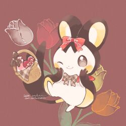 basket bow box brown_eyes closed_mouth creatures_(company) emolga emolga_(charming_ribbon) flower full_body game_freak gen_5_pokemon heart-shaped_box mkt_(buizu-miki) nintendo one_eye_closed pokemon pokemon_(creature) pokemon_cafe_remix red_background ribbon rose simple_background smile solo tail