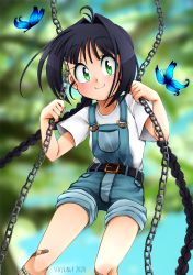 Rule 34 | 1girl, absurdly long hair, ahoge, bandaid, bandaid on knee, bandaid on leg, belt, black hair, braid, bug, butterfly, chain, green eyes, hair intakes, highres, insect, long hair, original, outdoors, overalls, shirt, short shorts, short sleeves, shorts, smile, solo, stalkingp, swing, twin braids, twintails, very long hair, white shirt