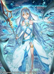 Rule 34 | 1girl, 1other, anklet, azura (fire emblem), barefoot, blue hair, blue ribbon, breasts, corrin (dragon) (fire emblem), corrin (fire emblem), dress, elbow gloves, energy, fingerless gloves, fire emblem, fire emblem cipher, fire emblem fates, gloves, holding, holding polearm, holding spear, holding weapon, jewelry, long hair, looking at viewer, medium breasts, nintendo, official art, pantyhose, parted lips, pendant, polearm, ribbon, ruins, single leg pantyhose, smile, solo, spear, strapless, strapless dress, thighlet, umiu geso, veil, very long hair, water, weapon, white dress, yellow eyes